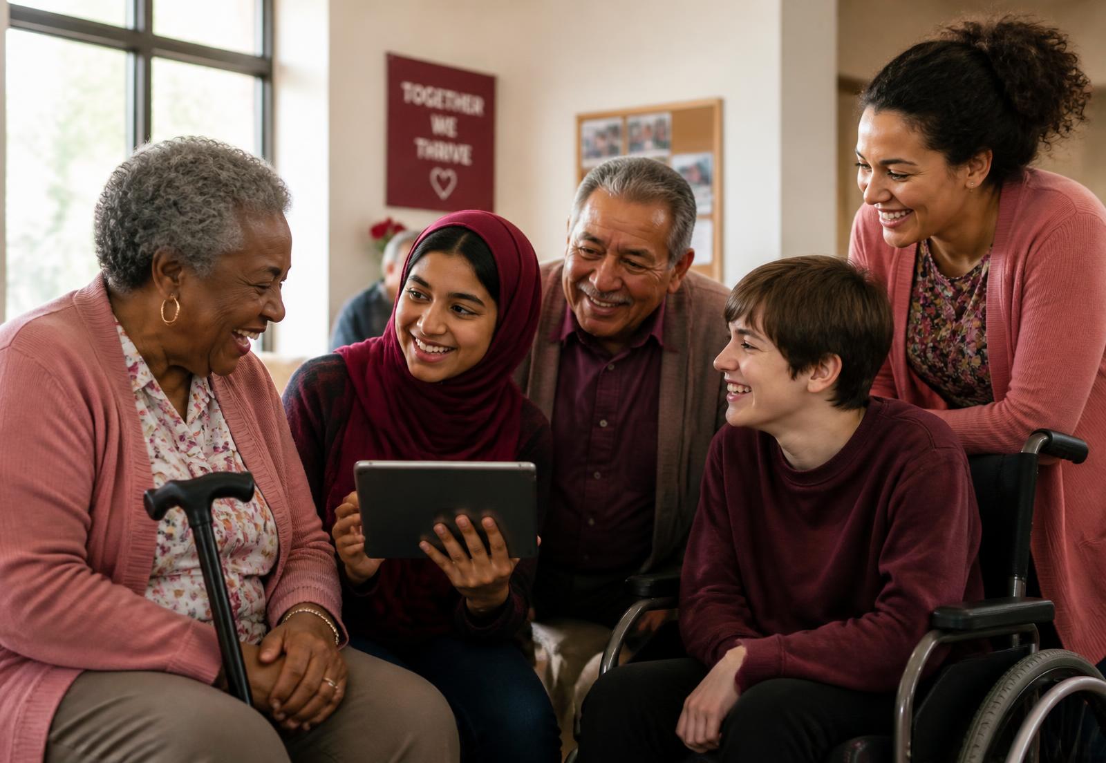 Elders, youth, and caregivers of many cultural backgrounds and ability levels laughing together around a tablet